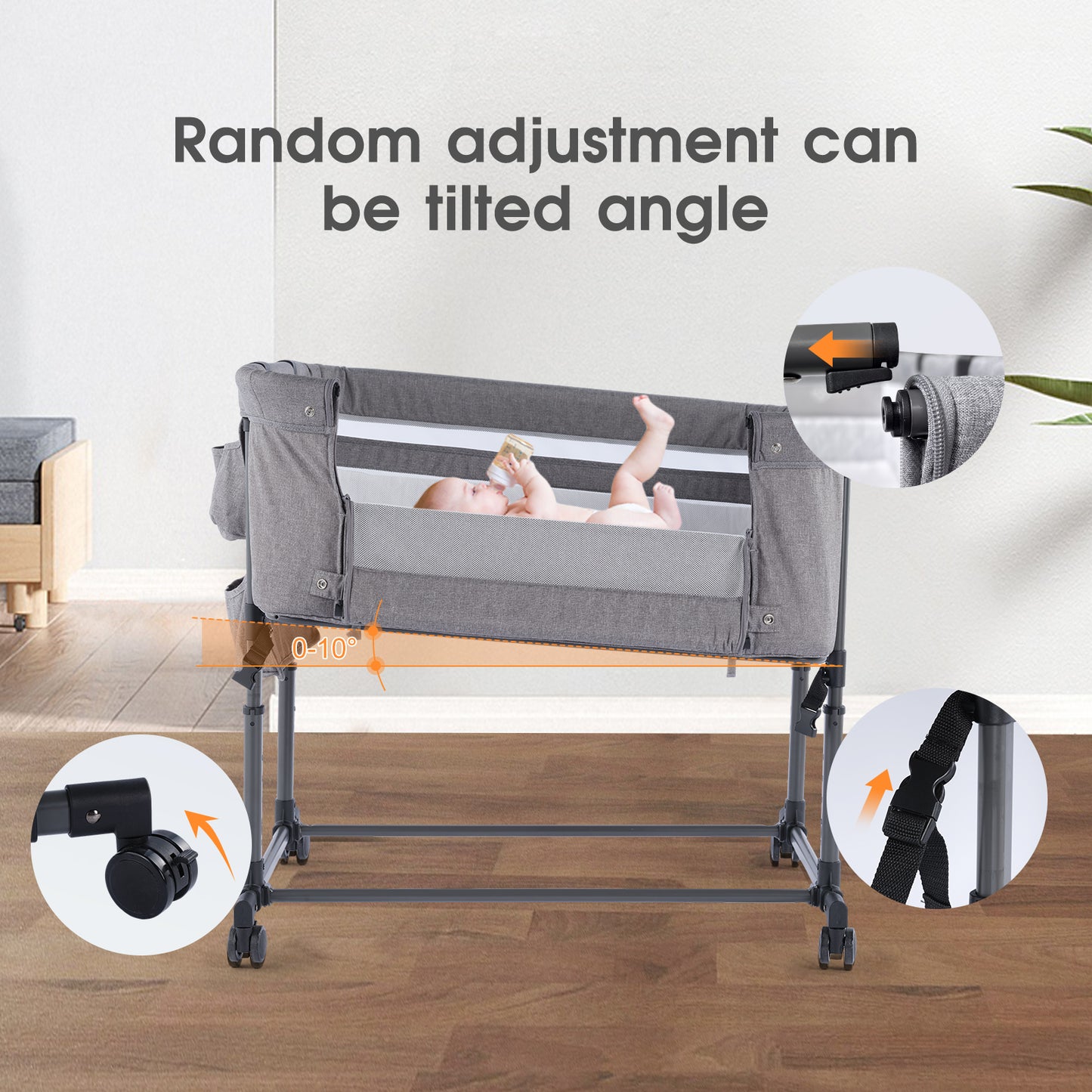 MTWML Twin Bassinet for 2 Babies,Portable Twins Crib with Storage Bag and Replaceable Mattress Cover,Adjustable Height Double Bedside Crib Attaches to Bed with Strap for 0-6 Months Twins Baby Grey