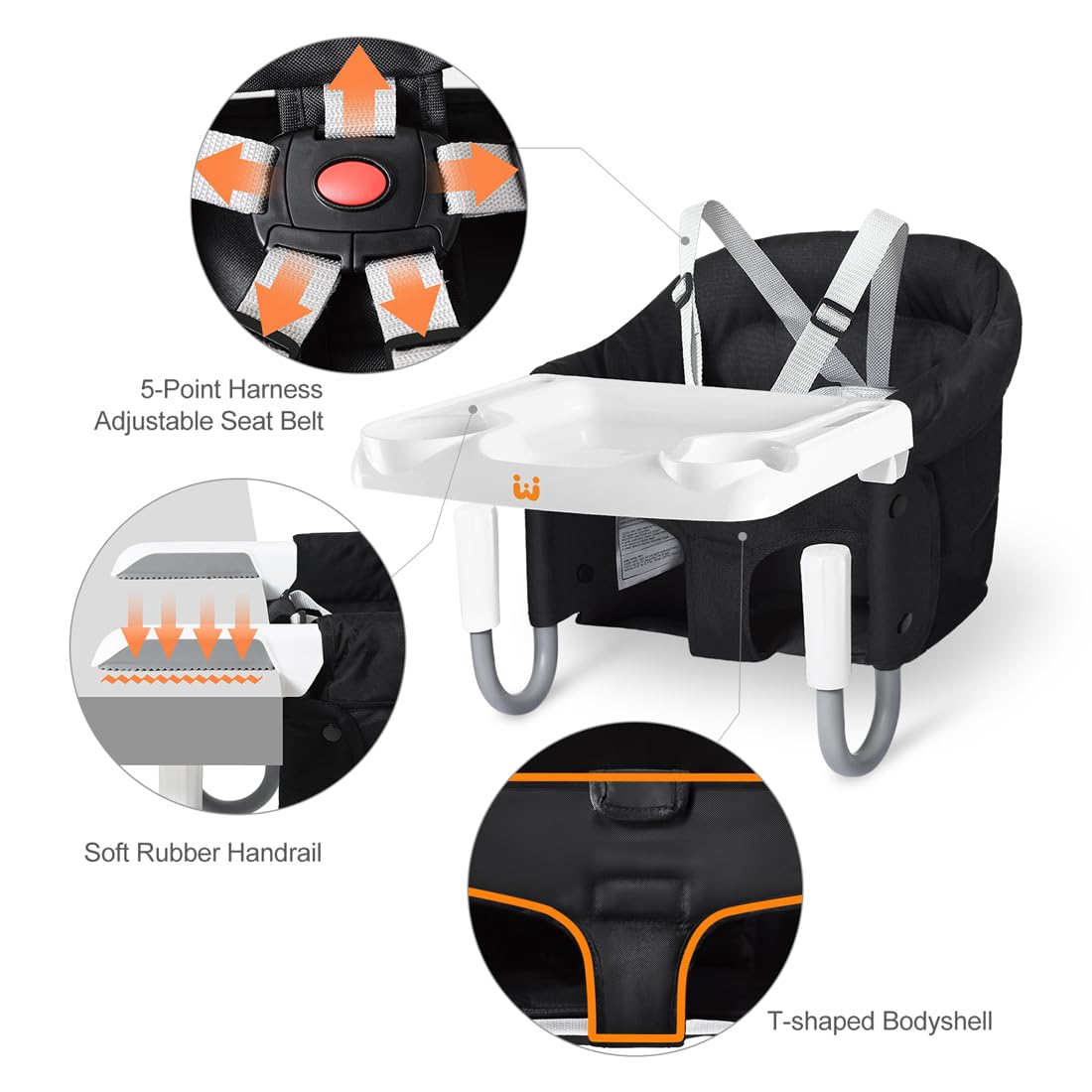 MTWML Hook On High Chair with Tray,Portable Baby High Chair that Attaches to Table,Clip On Fast Table High Chair for Babies and Toddlers.Baby Feeding Seat for Dining Table and Counter(Pure-Black)