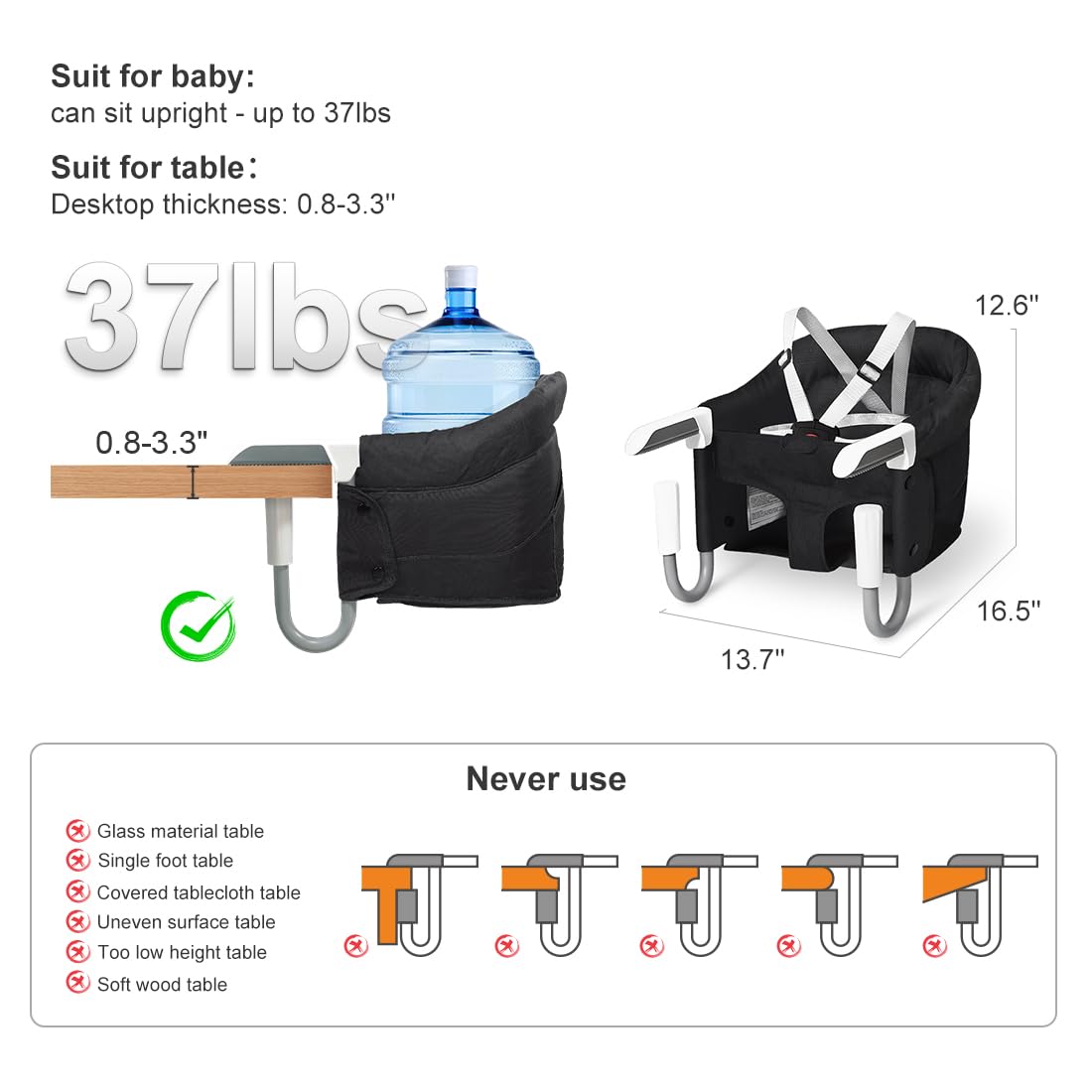MTWML Portable High Chair for Table,Hook On High Chair That Attaches to Table,Space Saver Clip On Counter High Chair for Baby,Easy Clean Baby Feeding Seat with Carry Bag for Travel(Pure-Black)