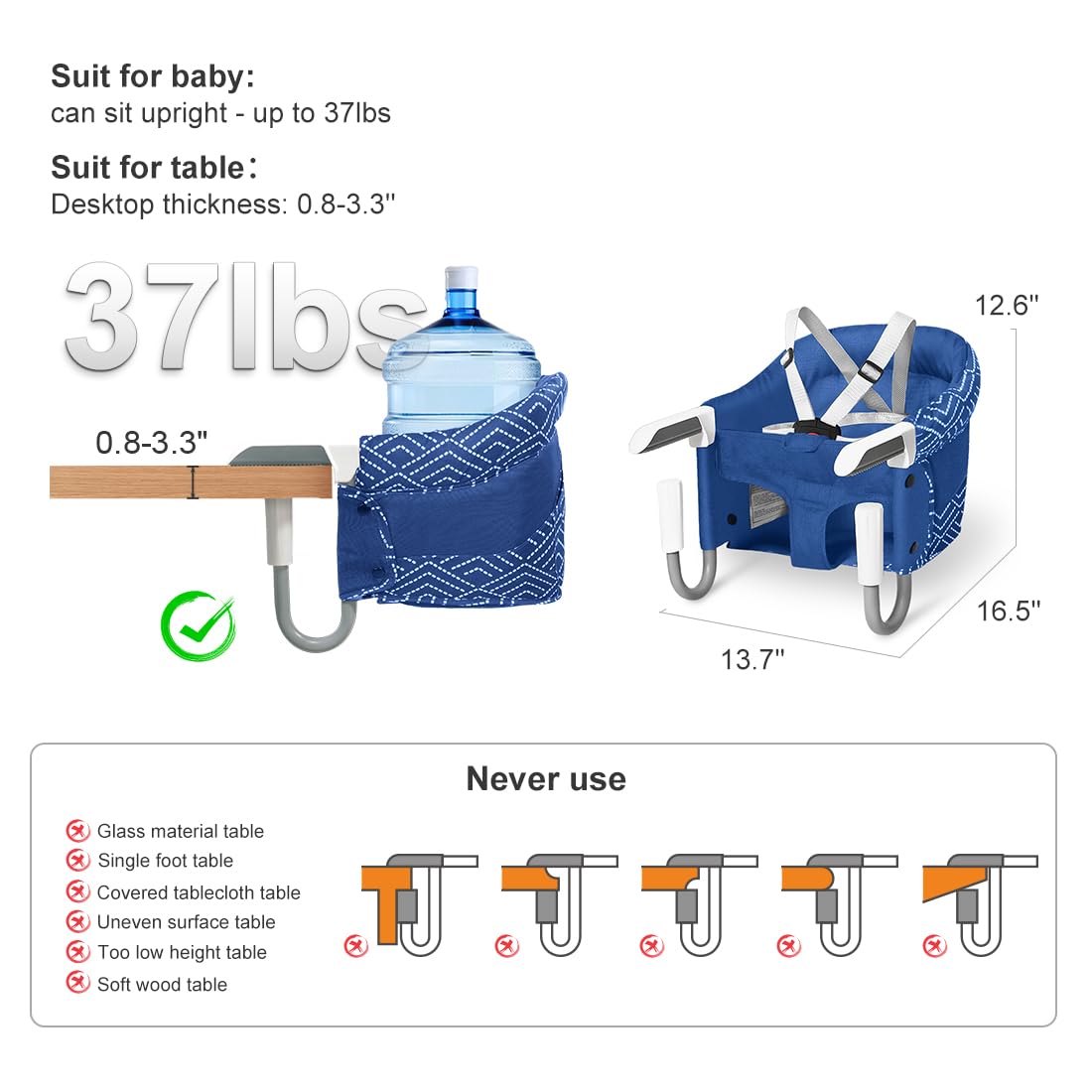 MTWML Hook On High Chair with Tray,Portable Baby High Chair That Attaches to Table,Clip On Fast Table High Chair for Babies and Toddlers.Baby Feeding Seat for Dining Table and Counter(Stripe-Blue)