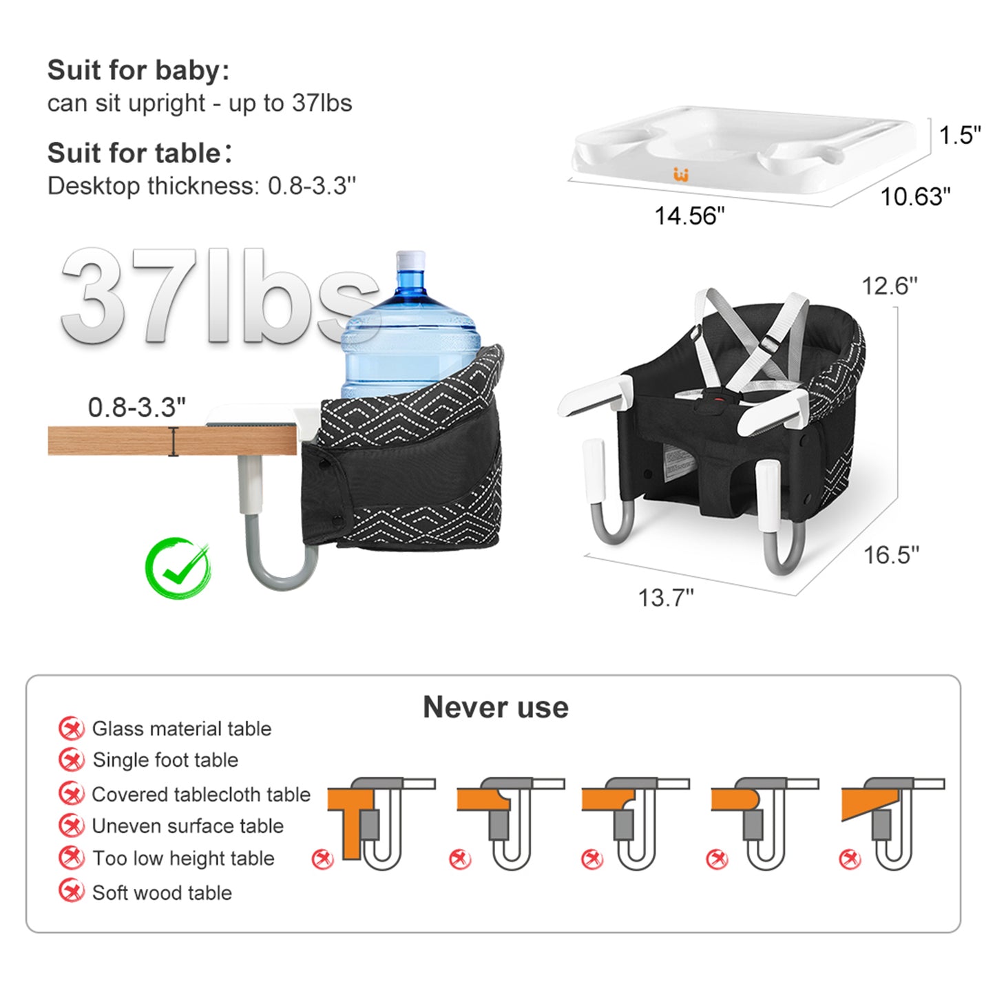 Hook-On High Chair with Tray(Stripe-Black)