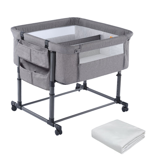 MTWML Twin Bassinet for 2 Babies,Portable Twins Crib with Storage Bag and Replaceable Mattress Cover,Adjustable Height Double Bedside Crib Attaches to Bed with Strap for 0-6 Months Twins Baby Grey