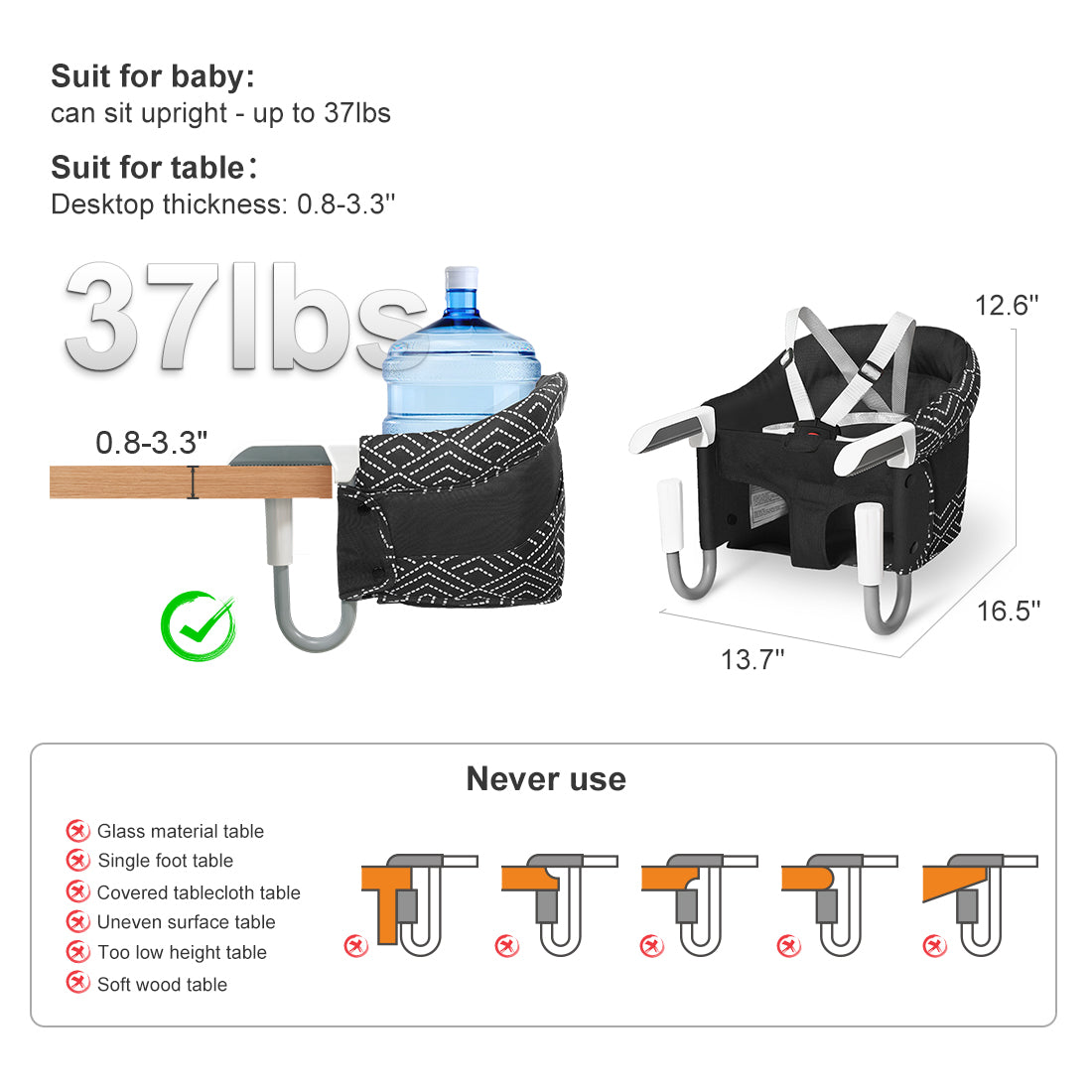 MTWML Hook On High Chair with Tray,Portable Baby High Chair That Attaches to Table,Clip On Fast Table High Chair for Babies and Toddlers.Baby Feeding Seat for Dining Table and Counter(Stripe-Black)