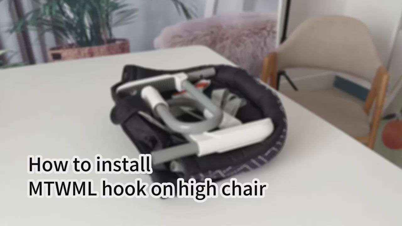 Load video: Portable hook on high chair attached to dining table for family meals